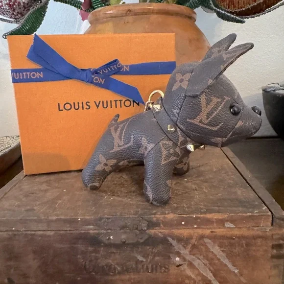 Up cycled from LV leather Monogram Dog Charm with Gold Chain - Picture 3 of 6